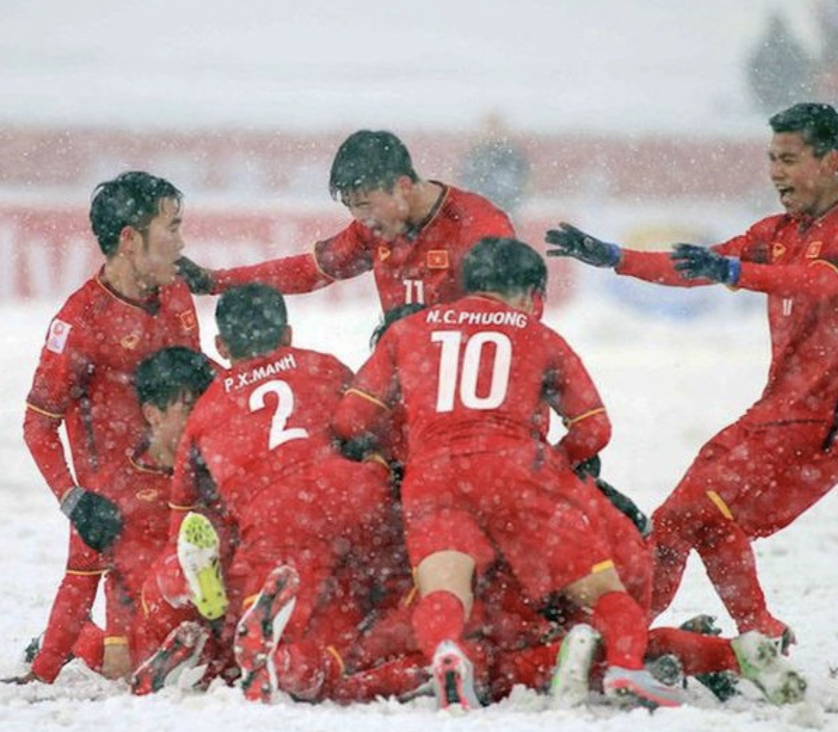 Vietnamese players celebrate after Quang Hai's masterpiece free kick