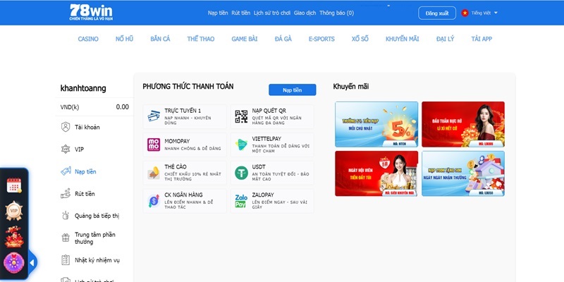 Giao diện nạp tiền của nhà cái 78Win.