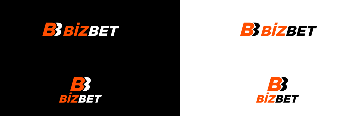 BizBet logo variations on black and white backgrounds.