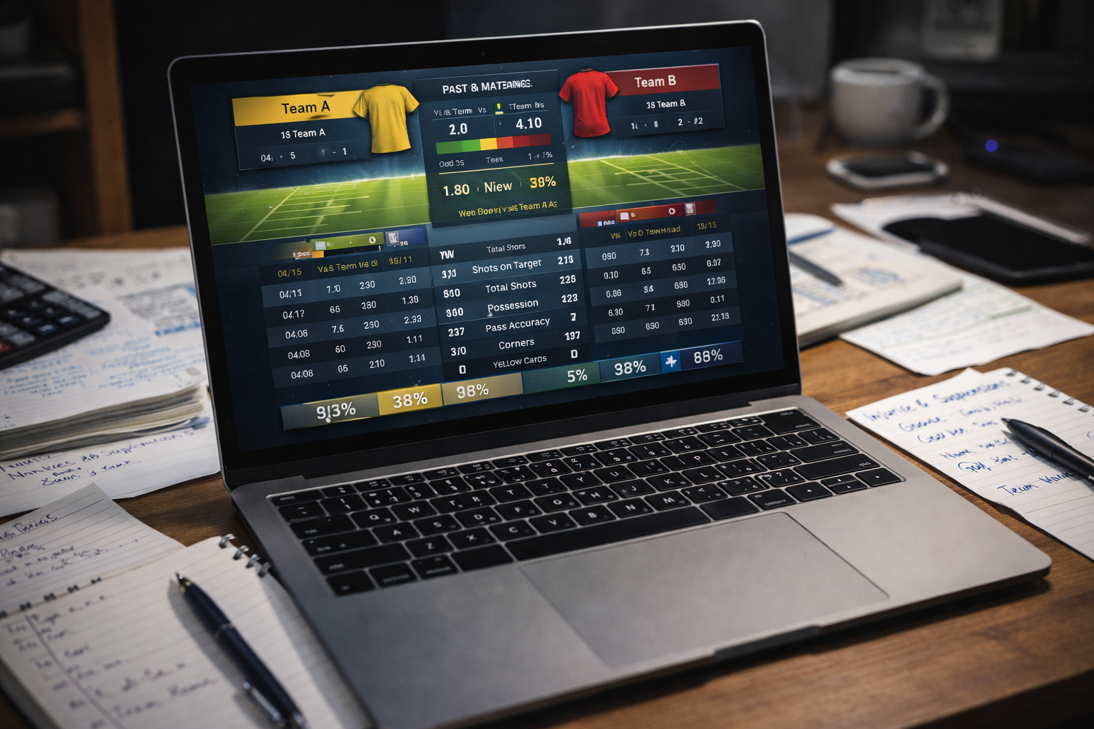 Laptop displaying football match statistics on a desk surrounded by handwritten betting notes